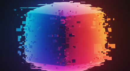 Futuristic digital art of a vibrant multicolored cube with a glitch distortion effect dissolving into pixels on a dark abstract background