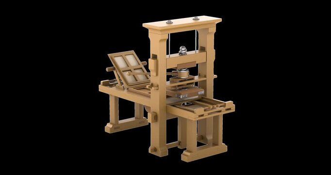 Antique Wooden Printing Press rotation animation seamlessly loopable. 3D rendering isolated on transparent background