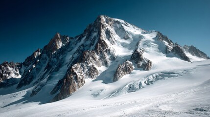 Fototapeta premium Mont Blanc peak in French Alps with snow covered slopes and majestic glacier under clear blue sky