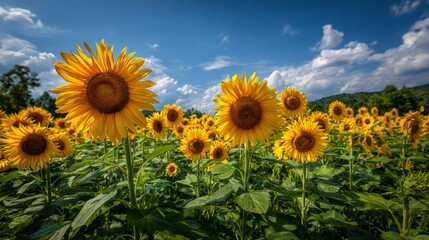 Obraz premium Sunflowers turning towards sun in golden field under blue summer sky, symbolizing growth and happiness