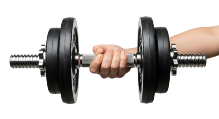 Hand Gripping a Silver and Black Dumbbell with Weight Plates, isolated on a transparent background, cutout, PNG