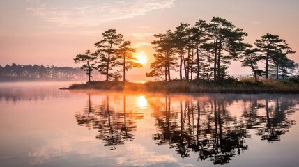 Obraz premium Sunrise over serene lake reflecting pine trees and gentle mist, creating a peaceful morning landscape