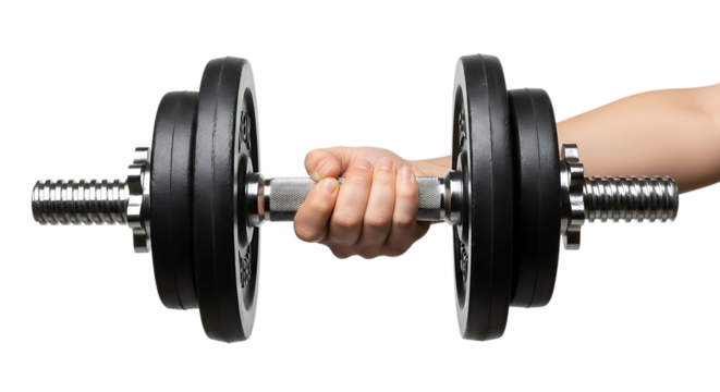 Hand Gripping a Silver and Black Dumbbell with Weight Plates, isolated on a transparent background, cutout, PNG - Powered by Adobe