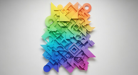 An intricate mosaic of three-dimensional geometric shapes displaying a vibrant rainbow color transition, presented as a modern abstract art background