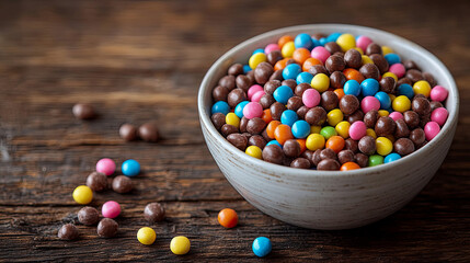 Vibrant assortment of colorful candy-coated chocolate balls and rich plain chocolate candies presented in textured white bowl on rustic wooden surface