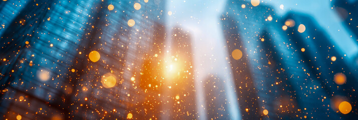 Abstract urban landscape with towering skyscrapers silhouetted against bright sky, bathed in shimmering cascade of golden light and sparkling bokeh particles, evoking futuristic and dynamic city glow