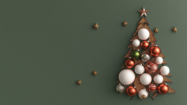 A beautifully decorated Christmas tree on a rich dark background, adorned with red and white baubles, sparkling golden stars, and complemented by a deep dark color palette.