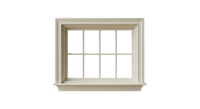 Cream Colored Window Frame with Eight Panes, isolated on a transparent background, cutout, PNG