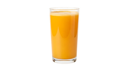 Tall clear glass filled with vibrant orange juice and a frothy top, isolated on a transparent background, cutout, PNG