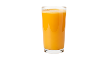 Tall clear glass filled with vibrant orange juice and a frothy top, isolated on a transparent background, cutout, PNG