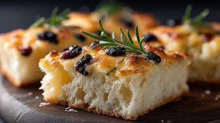 Italian focaccia bread topped with fresh rosemary sprigs and black olives.