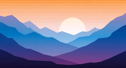 Beautiful layered mountain landscape background illustration with a vibrant sunset or sunrise sky, clean vector art, and modern flat design aesthetics