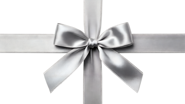 Silver Ribbon Bow Cross Wrap on White Background – High-Resolution Gift Decoration PNG Template