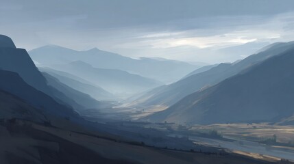 Serene mountain valley painting showing layers of peaks fading into the horizon with morning mist and soft light