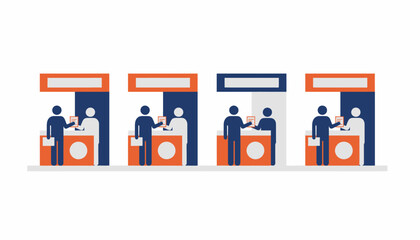 A recruitment fair atmosphere with job seekers interacting with HR representatives at various booths handing out resumes and informational brochures.