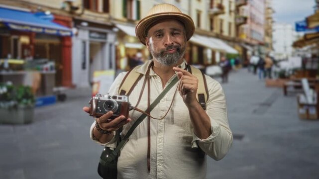 Man holding vintage camera and pointing finger on a street market with backpack and pith helmet visible; curious traveler moment.