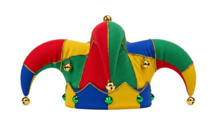 Colorful Jester Hat with Gold and Green Bells Trimmed with Gold Braid, isolated on a transparent background, cutout, PNG