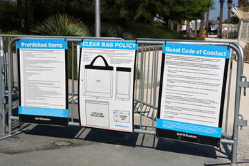 Naklejka premium Inglewood, California – October 24, 2025: SoFi Stadium – Prohibited Items, Clear Bag Policy and Guest Code of Conduct Signs