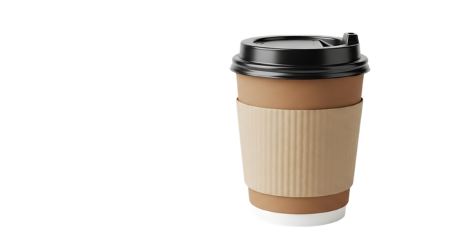 Brown paper coffee cup with black lid and ribbed sleeve, isolated on a transparent background, cutout, PNG