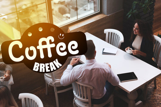 Coffee break time. Office workers with drinks chatting in cafe - Powered by Adobe