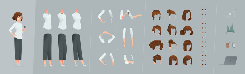Standing Businesswoman Constructor in Cartoon Design. Editable Vector Kit With Interchangeable Poses, Arms, Legs, Hairstyles, and Outfits. European Character Design For Custom Creations