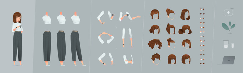 Stylish Businesswoman Character Constructor in Cartoon Design. Vector Set with Editable Poses, Limbs, Hairstyles, And Clothes. European Female Design For Creative Custom Projects
