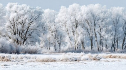 Frosty forest edge with hoarfrost covering trees and bushes, creating a beautiful cold winter landscape scene