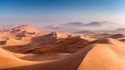 Naklejka premium Desert sand dunes creating a vast arid landscape with golden light, blue sky, and distant mountains
