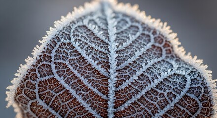 Stunning macro detail of a frosted leaf showcases intricate ice crystals forming on its delicate veins, a breathtaking winter nature scene.