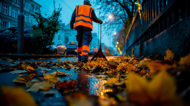 Worker safety vest street leaves sidewalk cleaning maintenance autumn city night streetlights urban pedestrian safety equipment cityscape street sweeper