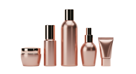 Collection of rose gold metallic cosmetic containers including bottles jars and tube, isolated on a transparent background, cutout, PNG