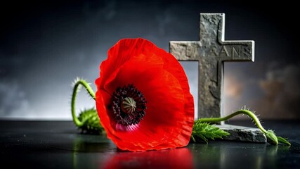A large, vibrant red poppy lies beside a stone cross engraved with the word "VETERAN," symbolizing military remembrance, sacrifice, and tribute on a dark, reflective surface. Poignant.