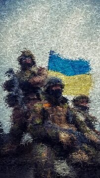 Three Armed Ukrainian Soldiers Positioned on Military Vehicle with National Flag Waving Against Cloudy Sky, Animation Made of Sharp Fragments