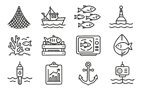Device fish trawler marine fishing net icon vector label reef sonar icons