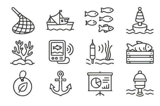 Vector reef sustainability fish anchor buoy fishing icon sensor water trawler icons