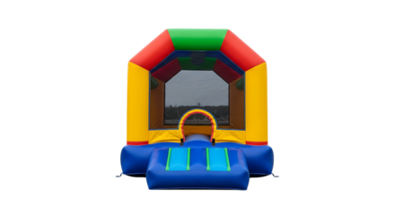 Colorful inflatable bounce house with arched entrance and blue steps, isolated on a transparent background, cutout, PNG
