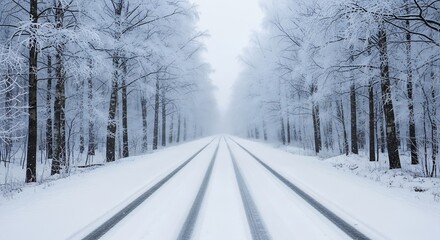 Naklejka premium Journey through a serene winter wonderland forest, following tire tracks on a snow-covered road leading to a mystical foggy horizon.