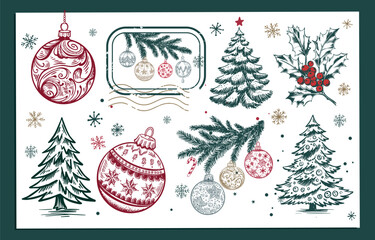 Christmas tree, toy, set, Hand drawn illustration	
