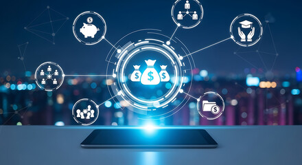 Digital Financial Ecosystem Concept Interconnected Money Management, Investment, Education, and Savings for a Smart Global Economy