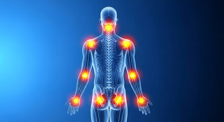 Anatomical illustration of a human skeleton's posterior view with glowing red hotspots indicating widespread arthritis and chronic joint pain