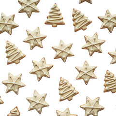 Obraz premium Festive assortment of star and christmas tree shaped cookies decorated with icing isolated on transparent background