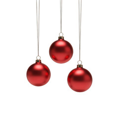 Three shiny red christmas ornaments hanging by thin strings against a dark background isolated on transparent background