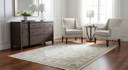 Harmonious blend of classic design in a sunlit sitting area featuring traditional upholstered armchairs and an ornate area rug