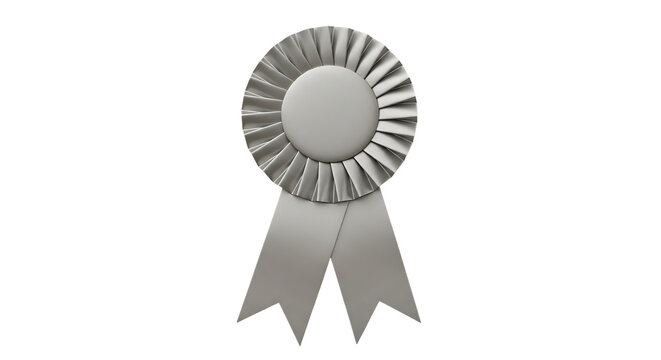 Plain Silver Rosette Ribbon Award with Two Hanging Tails, isolated on a transparent background, cutout, PNG