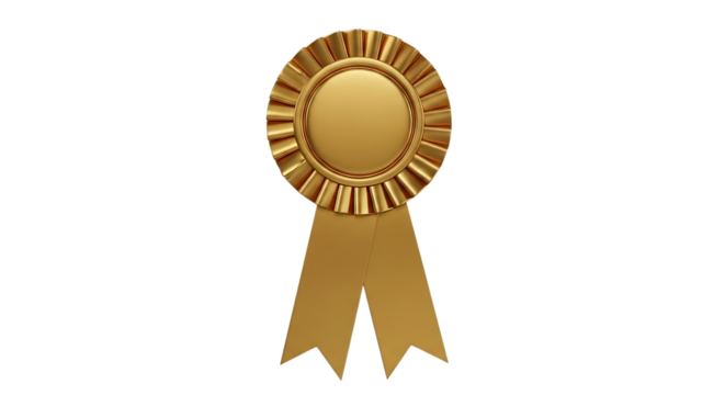 Golden rosette award ribbon with ruffled edges and two hanging streamers, isolated on a transparent background, cutout, PNG