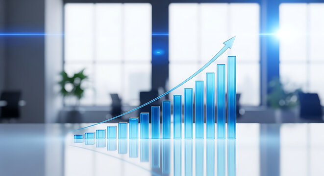 Illuminated blue digital bar graph representing significant financial growth and upward business trajectory in a modern corporate office setting, symbolizing progress and future success - Powered by Adobe