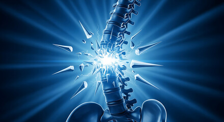 Conceptual 3D rendering of a human spine experiencing a severe traumatic break with a powerful, shattering impact, illustrating critical neurological damage and intense pain