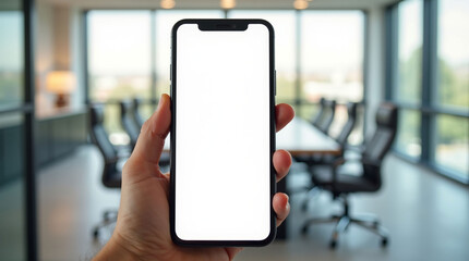 Hand Holding Modern Smartphone with White Screen Mockup in Bright Corporate Office Setting: App Display Template