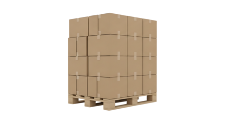 Stack of cardboard boxes on a wooden pallet, isolated on a transparent background, cutout, PNG