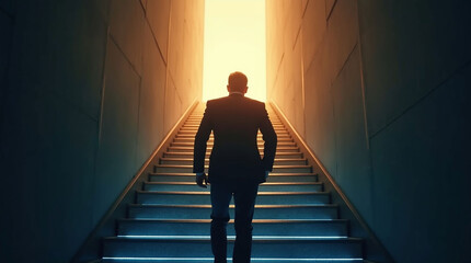 Businessman Climbing Long Stairs Towards Bright Light: Corporate Success, Career Growth, and Business Achievement